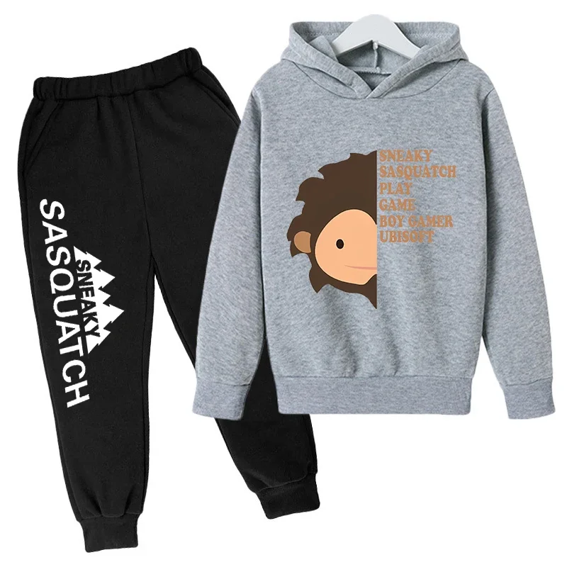 thumbnail image 1 of Conjunto de sudadera con capucha y pantalones de polar para niños, conjunto de 2 piezas, chándal, estampado de cabeza grande de Sasquatch furtivo, 1 of 5