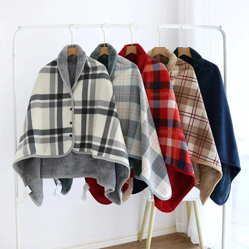 Fleece Wearable Blanket, Plaid Lap Blanket Comfy Poncho Throw with Button Plaid Throw Cushion for Bed Sofa Office - 3