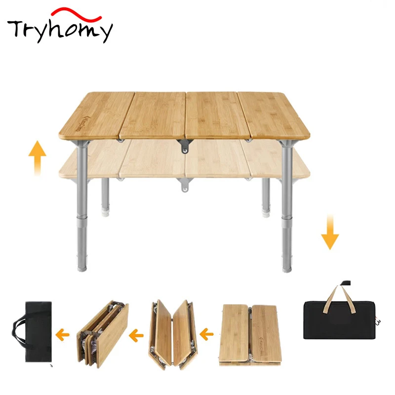 Bamboo Folding Table With Adjustable Height Aluminum Legs Camping Table