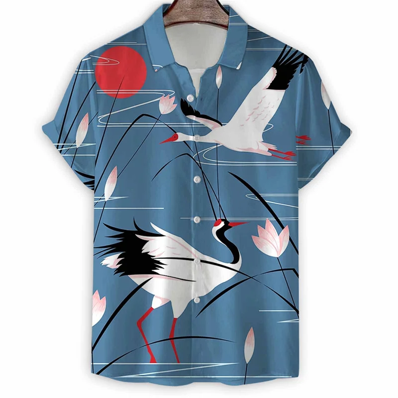 

3d Print Flamingo Hawaiian Shirt Men Summer Vacation Short Sleeves Red Crowned Crane Pattern Shirts Tops Beach Lapel Blouse