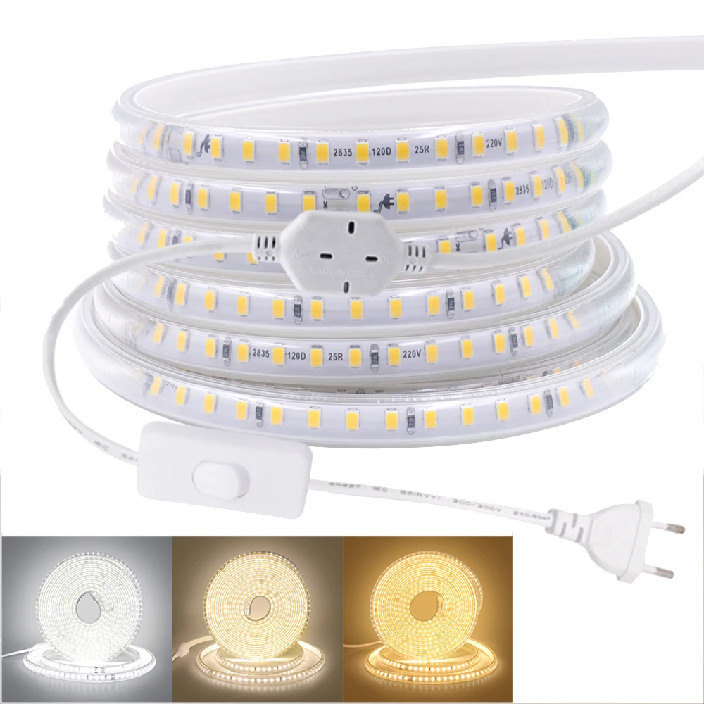 

20CM Cuttable LED Strip AC 220V Waterproof 120leds/m 2835 Warm/Natural White Flexible Ribbon Tape Rope Light With EU/UK Switch