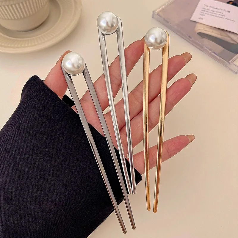 Simple Imitation Pearl U-Shape Hair Sticks Elegant Metal Hairpins for Women Girls Fashion Bun Styling Tools Hair Accessories hair accessory hair stick pearl hairpins