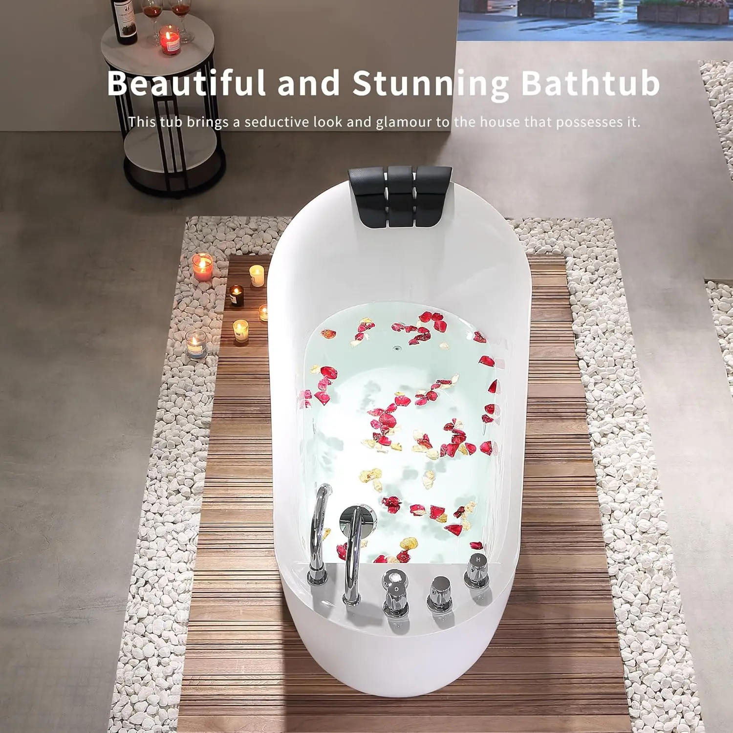 59-Inch Freestanding Whirlpool Bathtub with Hydromassage Water Jets Luxury Acrylic Massage SPA Soaking Bath Tub in White