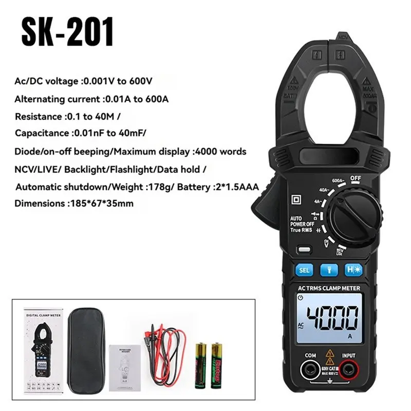 A25F-SK-201 클램프 미터 디지털 멀티미터 테스터 AC 전류 전압 커패시턴스 NCV 테스터(손전등 포함)