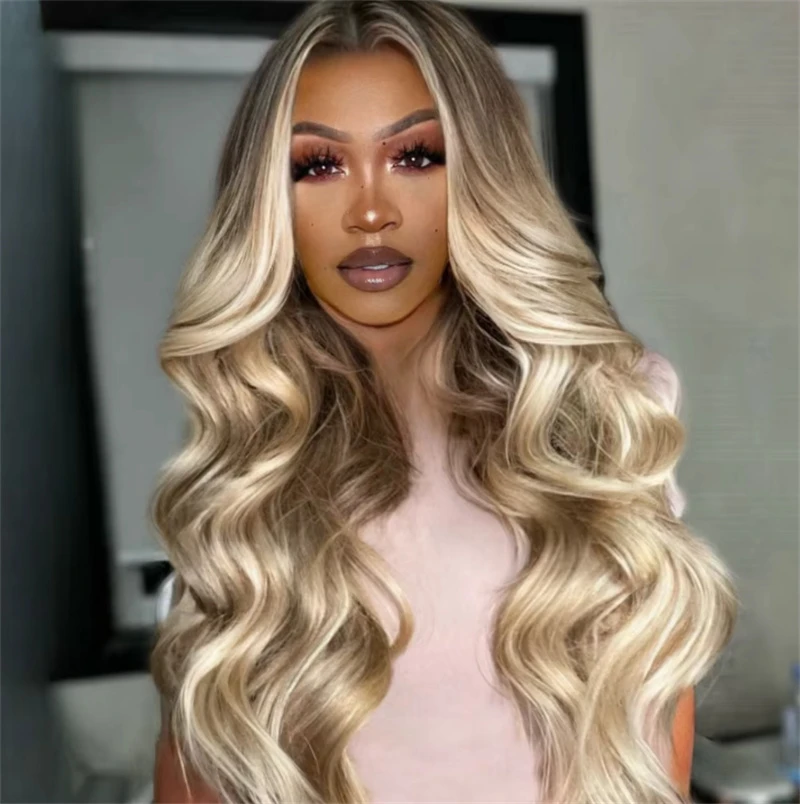 Ombre Blonde Lace Front Wig Synthetic Mixed 5% Human Hair Highlight Ash Brown Golden Blonde Wavy Pre Plucked Hairline