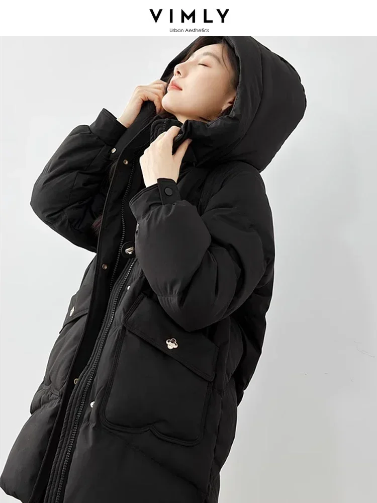 Vimly Women's Long Down Coat Puffer Jackets 2023 Winter Black Hooded Zipper Stand Collar Overcoats Female Warm Outwear 50698