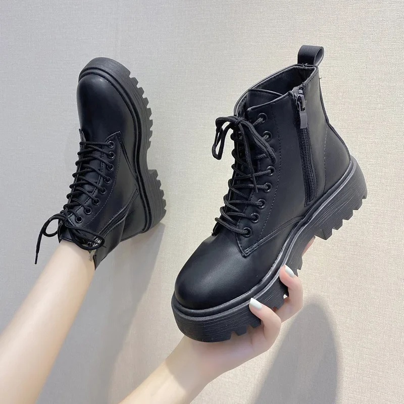 Plus Size 42 43 Women Motorcycle Ankle Boots Wedges Female Lace Up Platforms Black Leather Oxford Shoes Woman 2022 Botas Mujer