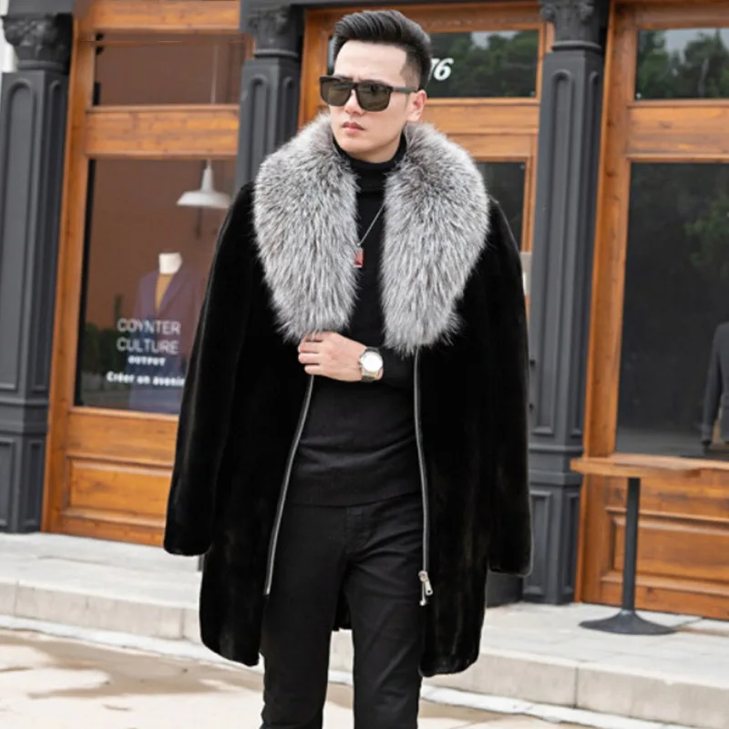 Long Sleeve Zipper Mid-length Faux Fur Coat Men Winter Warm Thick Jacket Fake Fur Coat Snowsuit Business Casual Slim Windbreaker