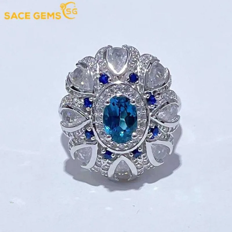 

SACEGEMS Fashion Resizable 5*7MM Natual London Blue Topaz Rings for Women 925Sterling Silver Wedding Party Fine Jewelry Festival