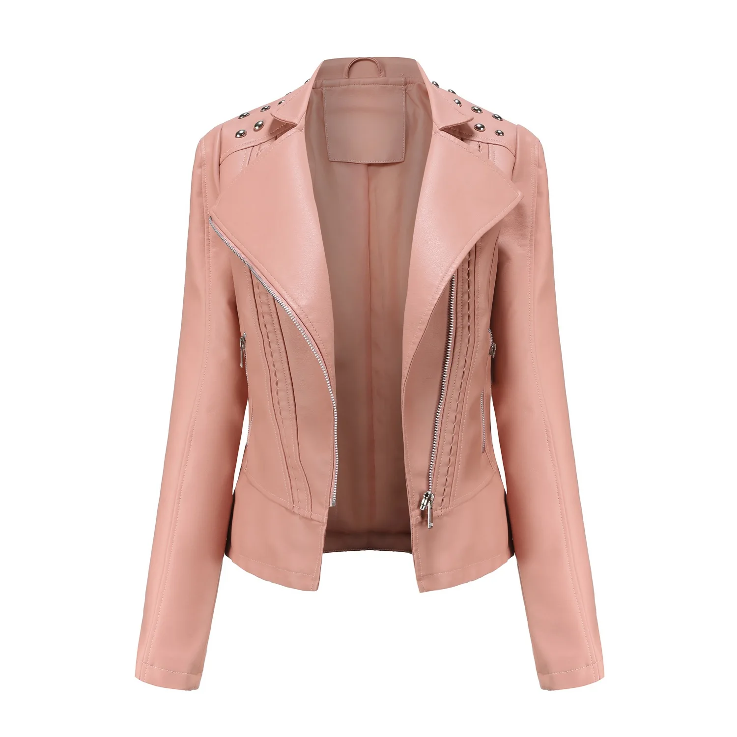 Women's Beaded PU Leather Coat Women's Long Sleeve Fashion Jacket Lapel Motorcycle Wear Thin Spring and Autumn Women's Jacket