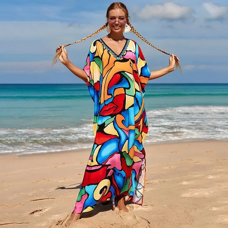 Swimsuit Sarong Boho Printed Women Maxi Beach Cover Up Dress 2022 Robe Plage Swimsuit Over Size Beach Kaftan Pareos One Size