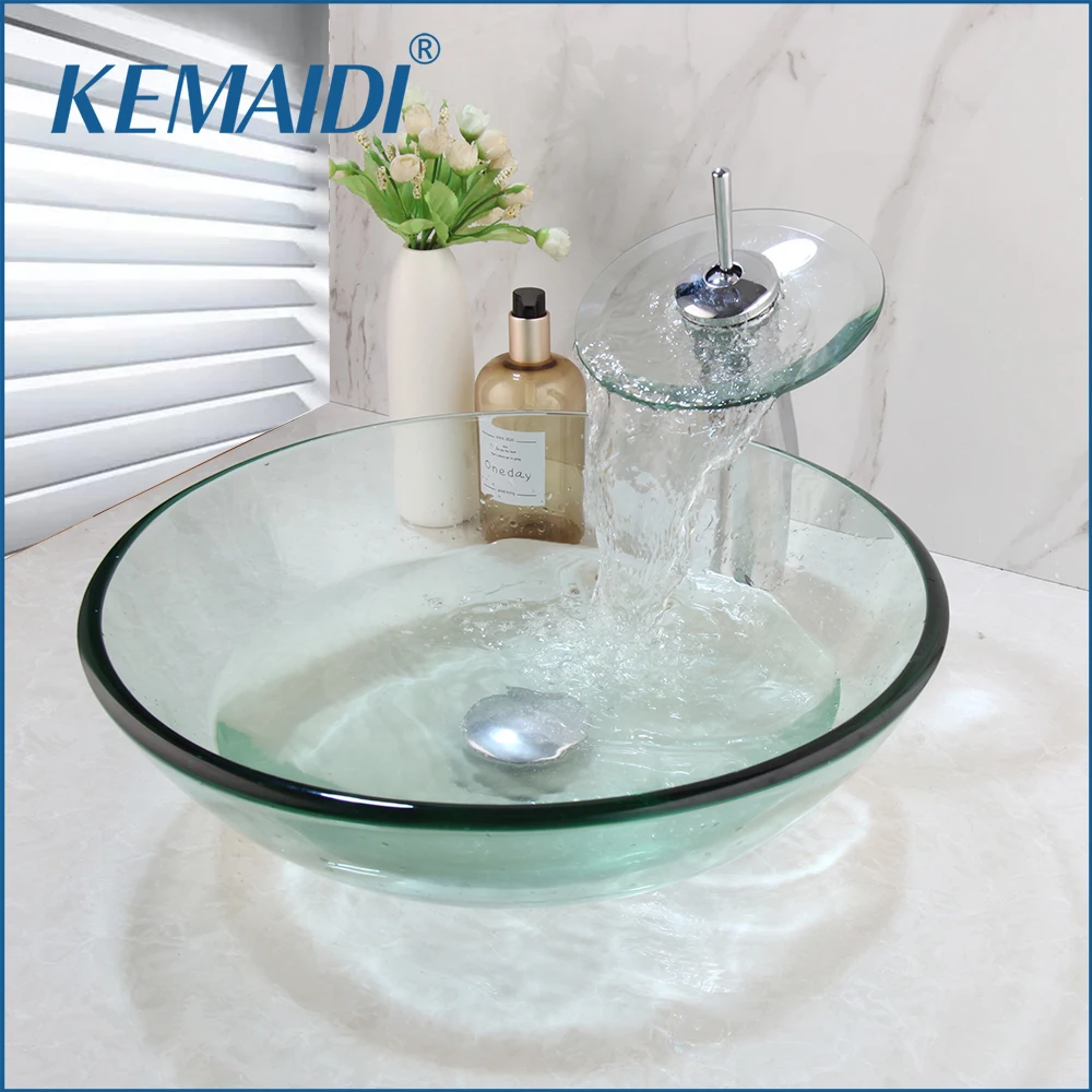 

KEMAIDI Round Bathroom Vessel Sinks 17 inch Tempered Glass Vessel Sink Clear Bathroom Sink Waterfall Bathroom Faucet Combo