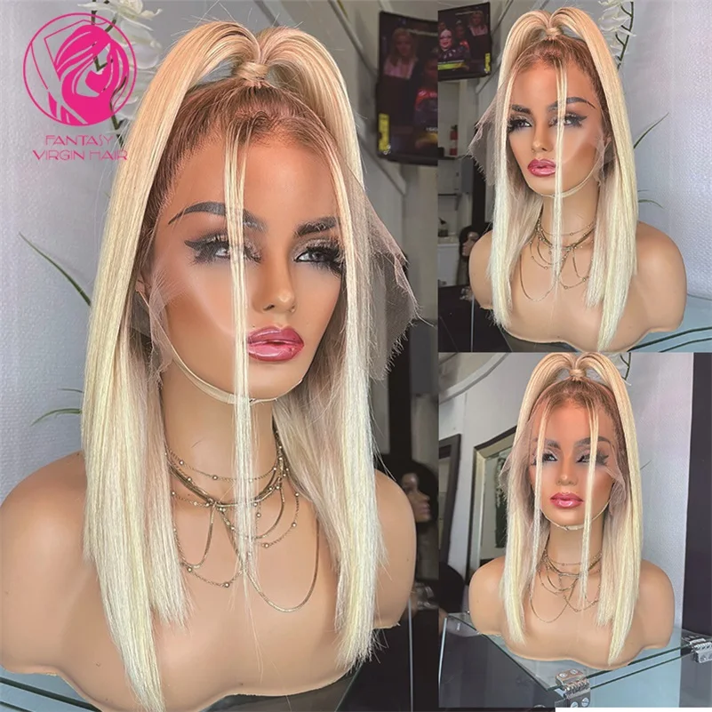 

Transparent HD Lace Front Wig 13x4 Virgin Hair Preplucked 4/613 Straight Short Bob Wig Glueless Ombre Human Hair Wigs for Women