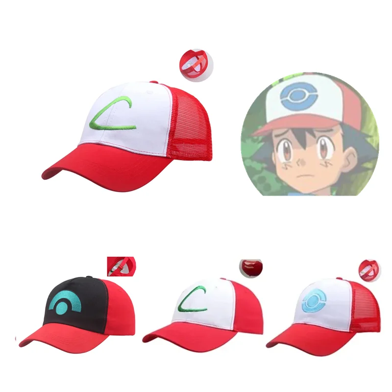 Outdoor Splicing Sun Hat Ash Ketchum Cosplay Embroidery Baseball Cap Pocket Adjustable Snapback Breathable Riding Hats