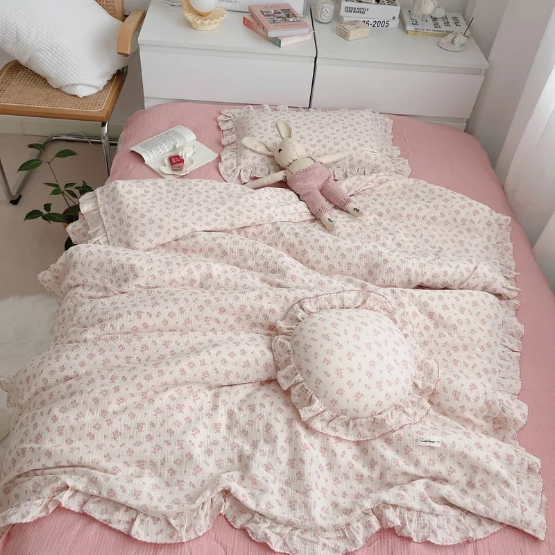 Pink floral cotton duvet cover set twin size cotton rich floral ruffle edge bedding set 2pcs
