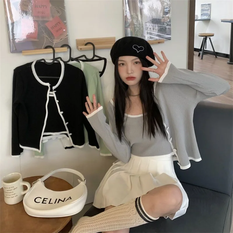 여성용 빈티지 하라주쿠 하이 스트리트 가디건, 우아한 여성 한국 캐주얼 올 매치 패션 상의 세트, 2 피스 핫스위트 티