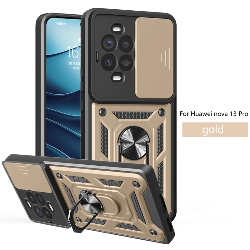 Protective Armor Ring Stand Shockproof Phone Case with Slide Lens Cover