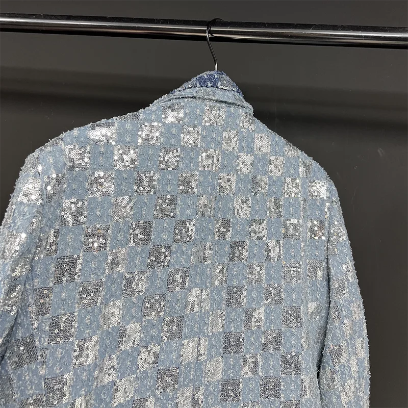 PFHQ New Korean Style Men's Denim Suit Jackets Lapel Belt Irregular Sequins Loose Plaid Niche Casual Male Blazer Fashion 21Z9080