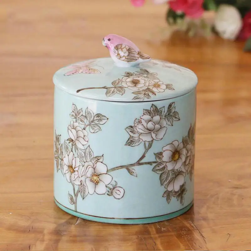 Exquisite Handpainted Porcelain Bird Lid Jar Home Decoration Candy Dental Floss Pick Bottle Cotton Bars Storage Container