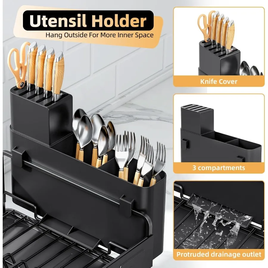 Dish Drying Rack for Kitchen Counter Countertop Dish Rack with Drainboard Multifunctional Dish Drainer with Cups Holder Cutting