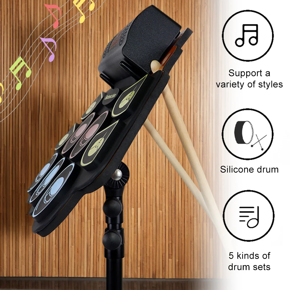 Roll-Up Drum Practice Pad 9-Pads Electric Drum Pad with Stand Sticks and Pedals Xmas Birthday Surprise for Kids and Adults