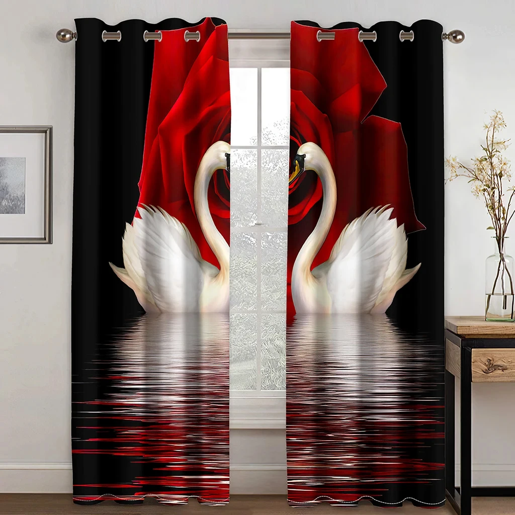 

3D Printed Luxury Home Decoration Red Rose Flower White Swan Pattern Sunshade Curtains 2 Panel Living Room Bedroom Window Decor