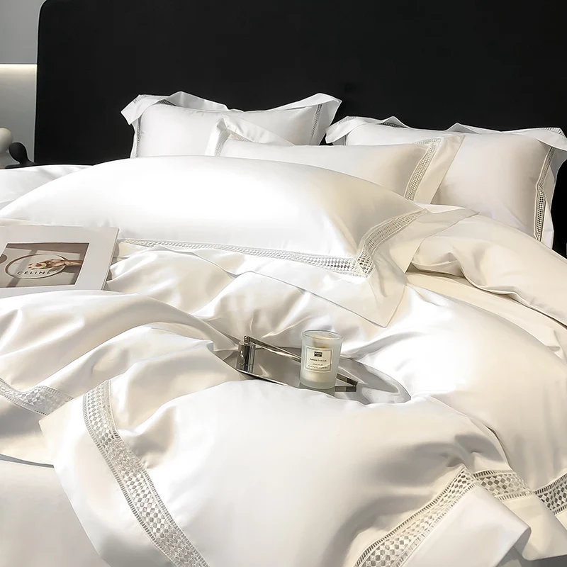 4Pcs Luxury 1000TC Egyptian Cotton White Hotel Style Bedding Set Hollow Wide Edge Duvet Cover Bed Sheet Fitted Sheet Pillowcases 2