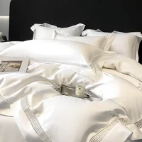 4Pcs Luxury 1000TC Egyptian Cotton White Hotel Style Bedding Set Hollow Wide Edge Duvet Cover Bed Sheet Fitted Sheet Pillowcases 2