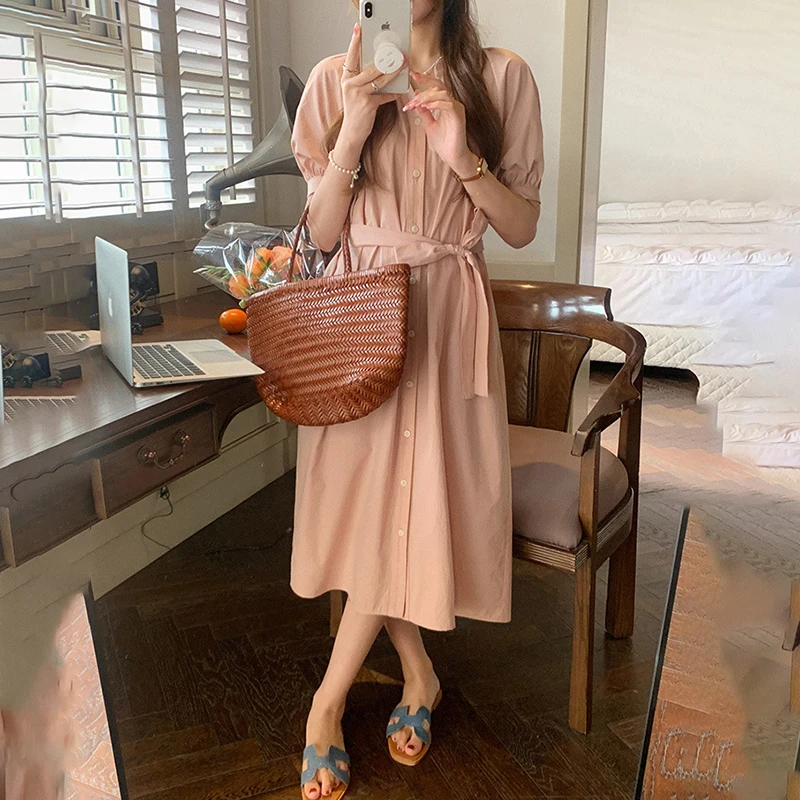 

V Neck Belt Pink Dress Women Long Sleeves Loose Single Breasted A-line Dresses 2022 Spring Summer New Fashion Female Clothing