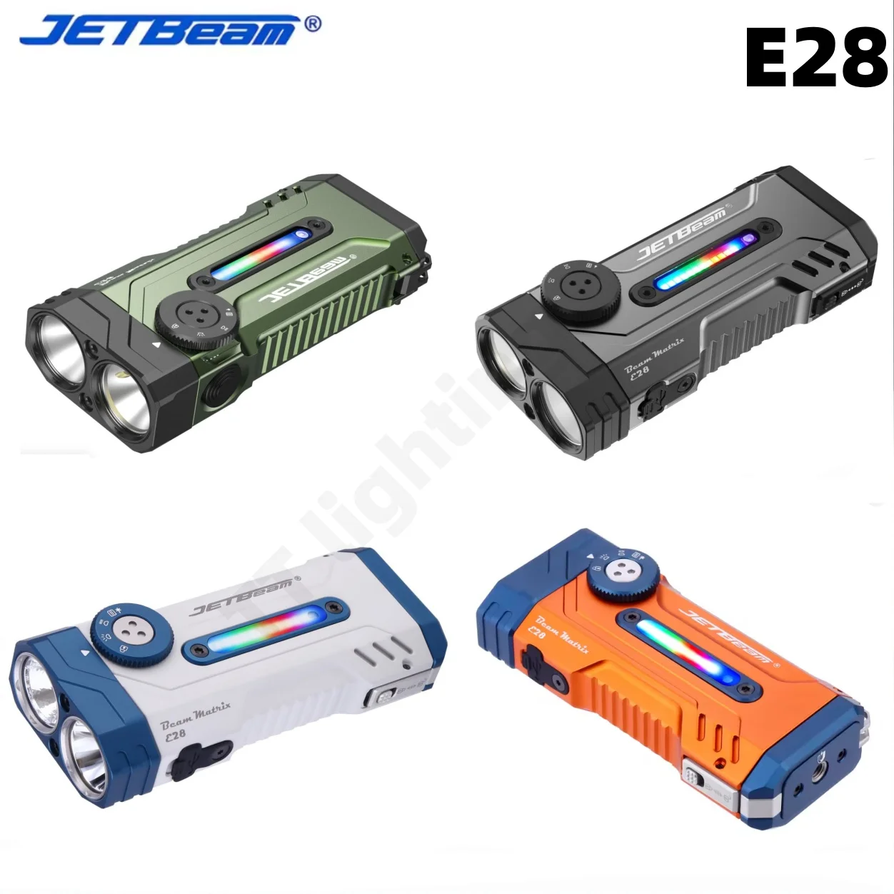 JETBeam E28 EDC 멀티 모드 전술 손전등 3300LM 충전식 손전등 자전거 라이트(UV LED RGB 및 보조 배터리 포함)