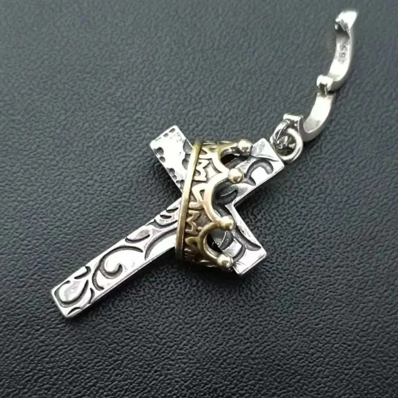 BOCAI new S925 Silver Fashion Tang Grass Pattern Design Crown Cross Pendant for Men and Women Hip Hop Contrast Color Jewelry
