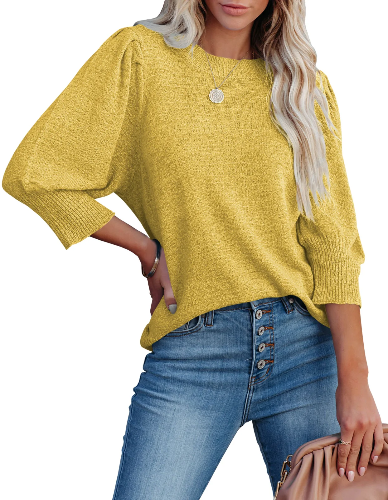 

New Women's Solid Color Round Neck Sweater Lantern Sleeve Sweater Loose Sweater Women Autumn Winter