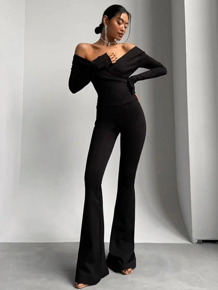 

Shoulder Off Jumpsuit Women One Piece Outfit Long Sleeve Sexy Overalls V-Neck Bodysuit Flare Pants Bodycon Monos Mujer Elegante