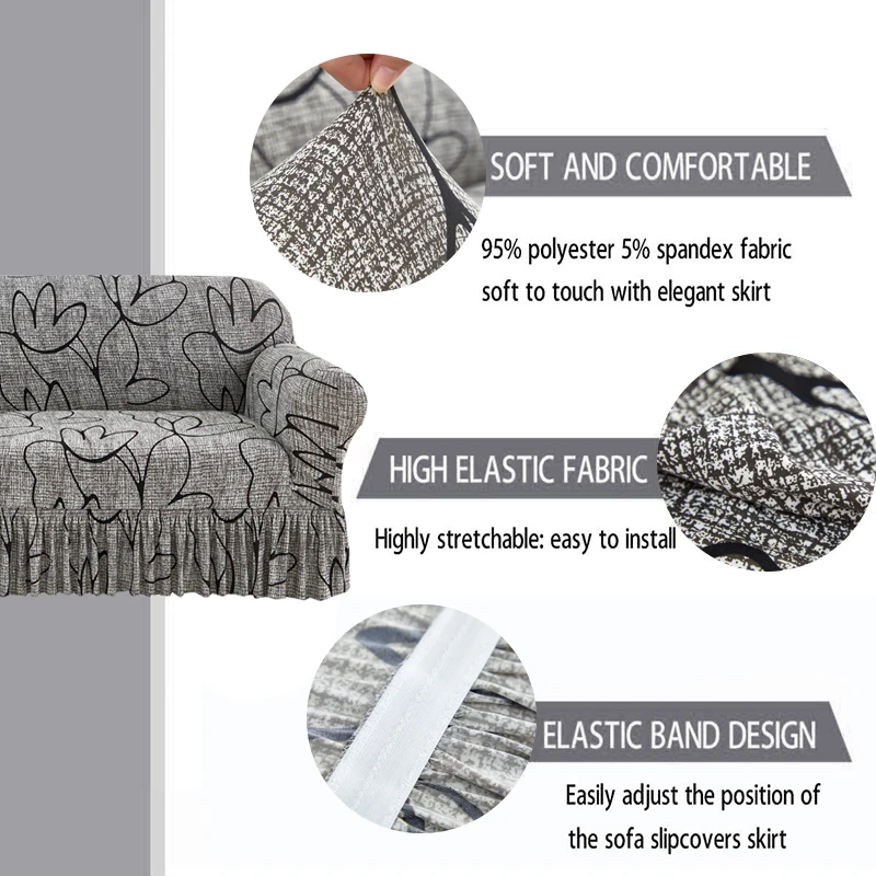 Printed Ruffled Skirt Sofa Covers for Living Room Stretch Couch Cover Sofa Slipcover Furniture Protector Easy Fitted Washable 4