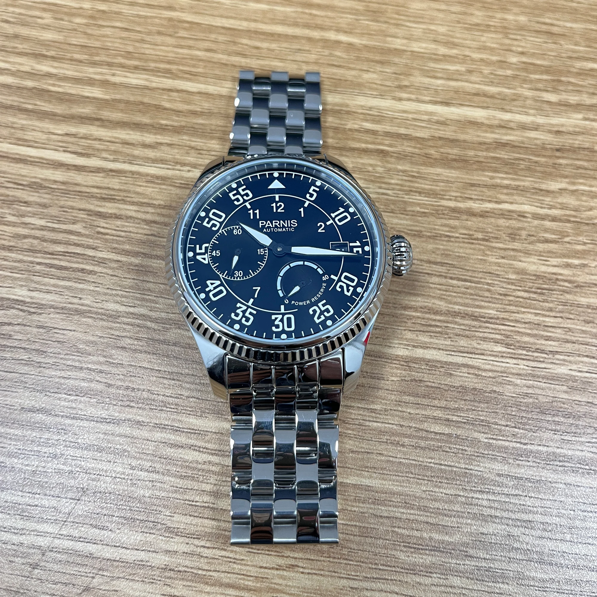 

New Fashion Parnis 45mm Black Dial Automatic Mechanical Men's Watch Calendar Stainless Steel Bracelet Watch For Men reloj hombre