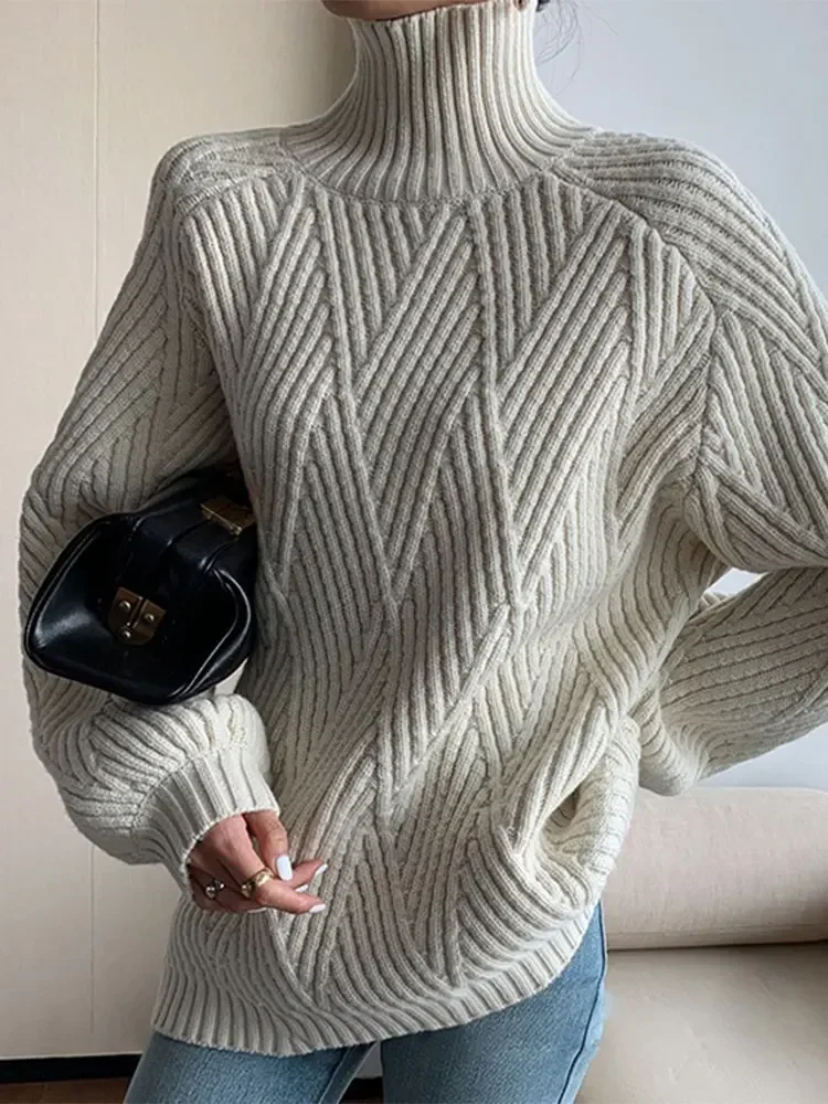 

2023 Winter New Geometry Sweater Turtleneck Oversized Women Warm Knitted Jumper Female Casual Loose Long Sleeve Top Streetwear
