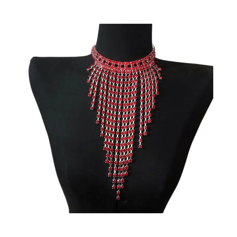 2023 Fashion Luxury Multilayer Long Tassel Rhinestone Necklace Women's Red Crystal Necklace Collar Chain Jewelry Gift Accessorie