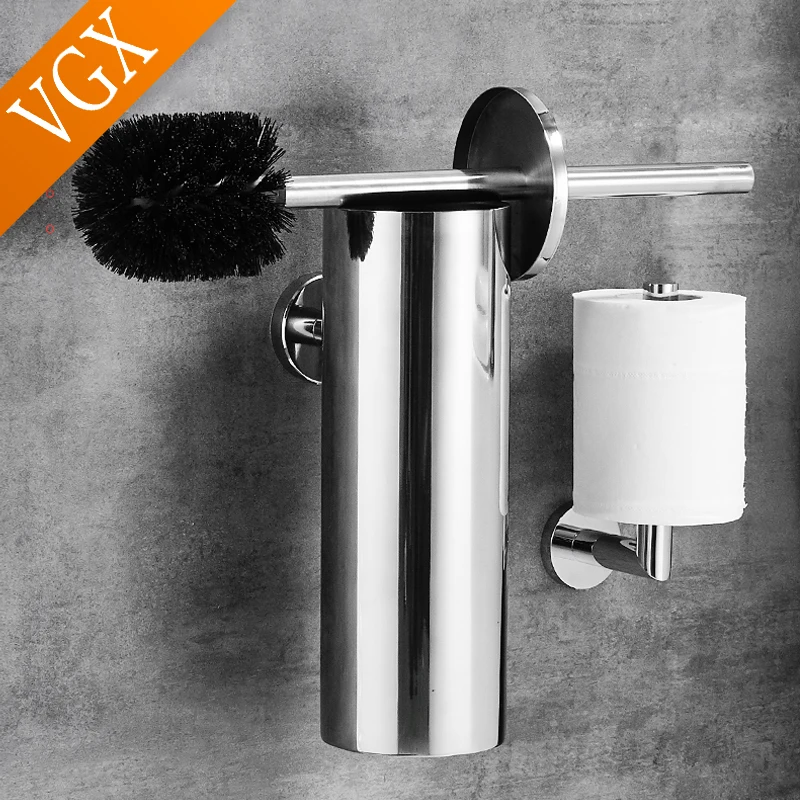 Toilet Brush Holder VGX Bathroom Toilet Brush Holder Stainless Steel Wall Mount Cleaning Brush Holder Set Household Accessories Black Brushed Chrome