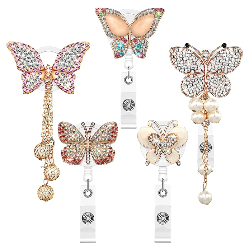 

Trendy Butterfly Rhinestone Badge Reel Clip ID Card Holder Clips Name Tag Holders For Nurse Teachers Students Office Worker