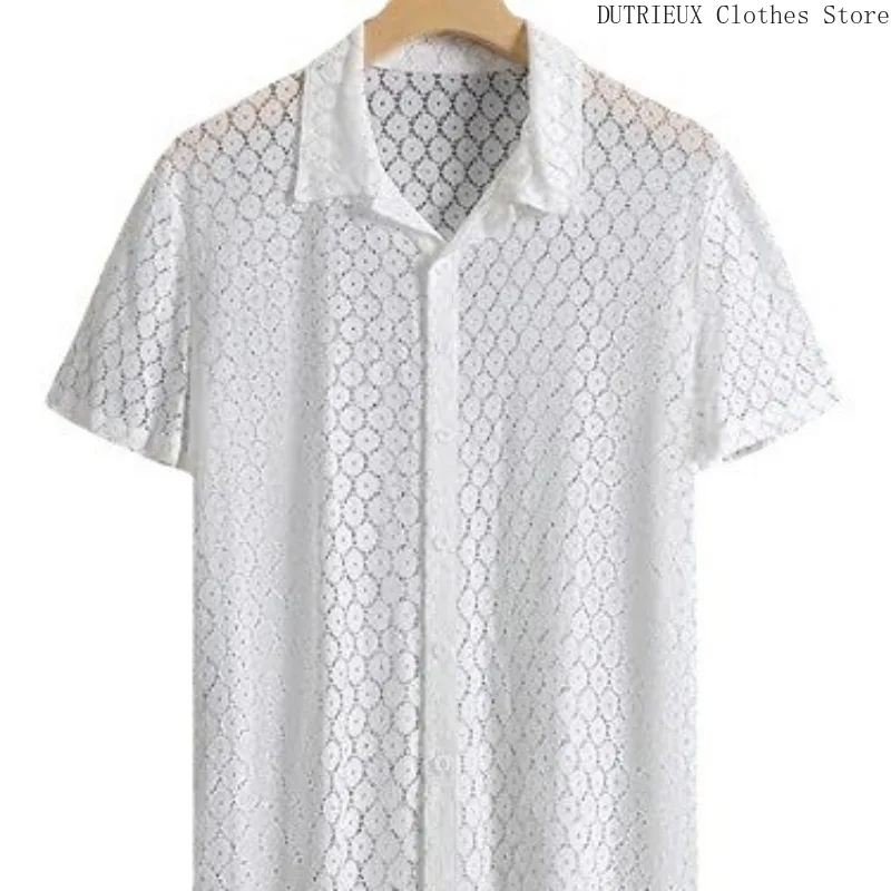 Camicia a maniche corte in pizzo moda uomo primavera/estate Party Club Camicia trasparente scavata sexy Abbigliamento da uomo casual da strada - immagine 3
