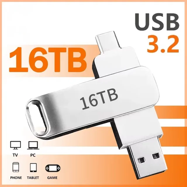 Unidad Flash Usb 3,2 de 16TB, transferencia de Metal de súper alta velocidad, unidad de disco U, resistente al agua, disco tipo C, unidad USB SSD 2