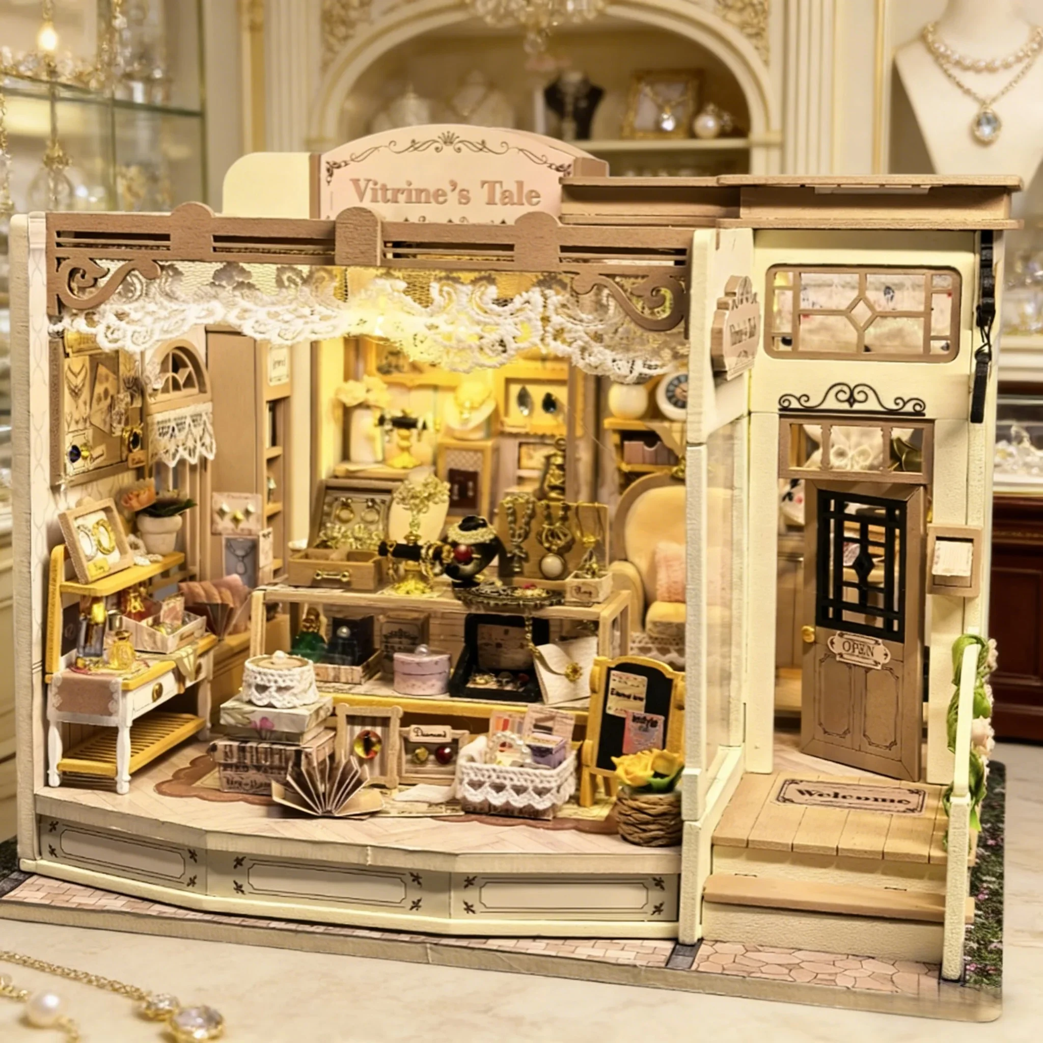DIY 나무 레트로 보석 가게 카사 미니어처 모델 키트 가구 LED 조명 포함..