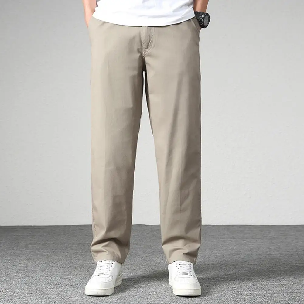 Men Pants Straight Loose Multi Pockets Solid Color Mid Waist Thin Casual Smooth Soft Breathable Men Summer Fall Trousers 4