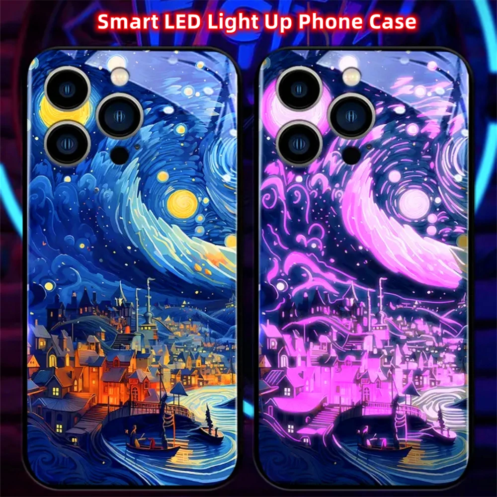 Psychedelic Starry Sky Leuchtende Handyhülle LED-Licht Glas stoßfeste Abdeckung für iPhone Air 17 16 E 15 14 13 12 11 Pro Max Plus