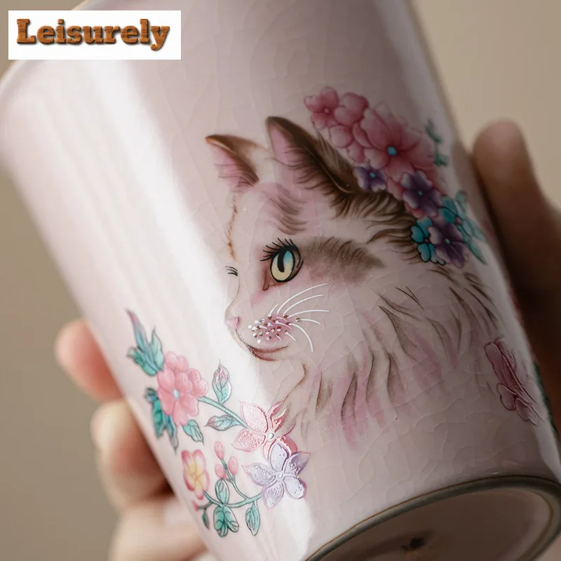 270ml Pink Ru Kiln Flower Cat Cola Mug Mocha Cups Master Mug Bubble Teacup Cold Hot Water Jug Household Tea Items Ornaments Gift