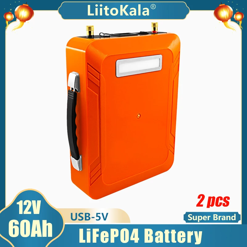 

2pcs LiitoKala 12v 60Ah LIfepo4 Battery Pack with LED 5v USB for solar light outdoor camping storage battery UPS inverter