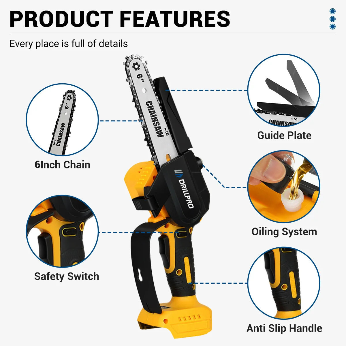Drillpro 브러시리스 전기 체인톱, 무선 전기 체인톱, 목공 커터, 전정 로깅 전동 공구, 마키타 배터리용, 8 인치