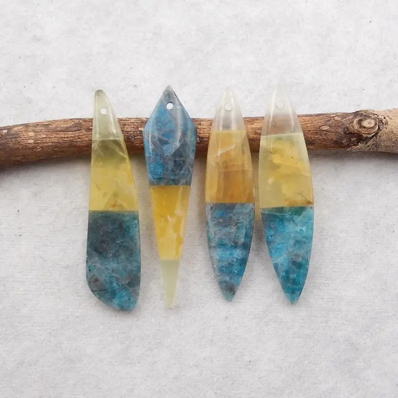 4Pcs Natural Stone Yellow Opal,Blue Apatite Crystal,Nephrite Jade Intarsia Necklace Accessories Pendant Beads 45x11x4mm 13g