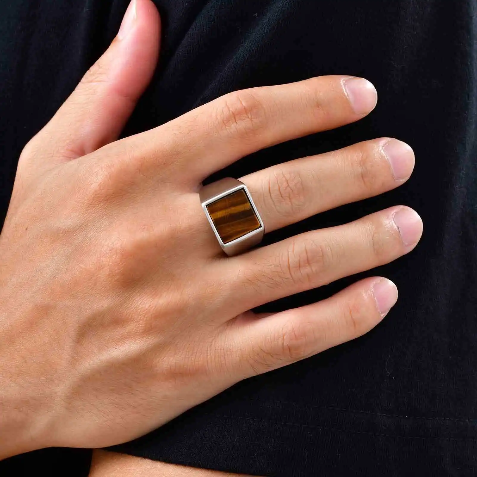 Classic Men's Ring,Natural Tiger Eye Stone Stainless Steel Ring,Waterproof Square Thumb Ring,Party Vintage Jewelry Gift