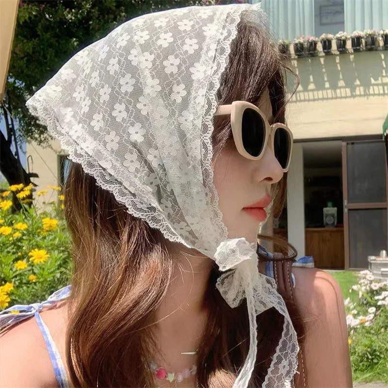 레트로 꽃 레이스 헤드 랩 스카프 여성을위한 수 놓은 삼각형 목 스카프 빈티지 여행 사진 헤어 두건 액세서리
